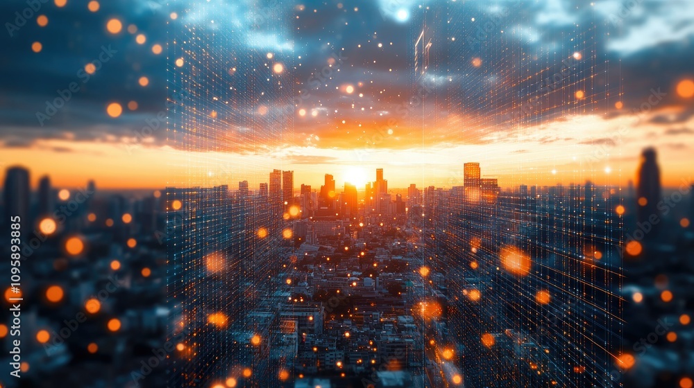 Fototapeta premium Virtual Financial Hologram in Urban Landscape