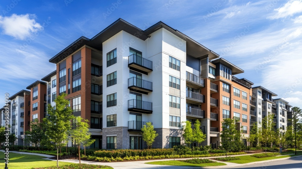 Modern Apartment Exterior with Clear Blue Sky Modern Apartment Exterior with Clear Blue Sky