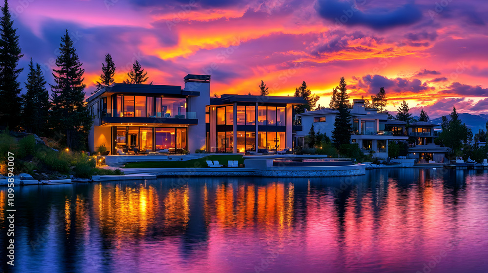 Naklejka premium Modern House with Lake View at Sunset - Realistic Image