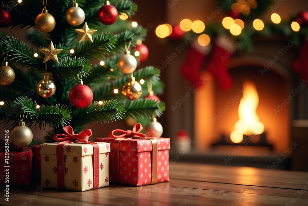 Golden Christmas tree decorated with red and gold ornaments, surrounded by wrapped presents, ready for the holiday season, Christmas background.
Golden Christmas tree decorated with red and gold ornaments, surrounded by wrapped presents, ready for the holiday season, Christmas background.