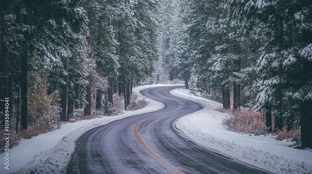 A winter road winding through a dense forest, the path lined with tall pine trees heavy with snow. A winter road winding through a dense forest, the path lined with tall pine trees heavy with snow.