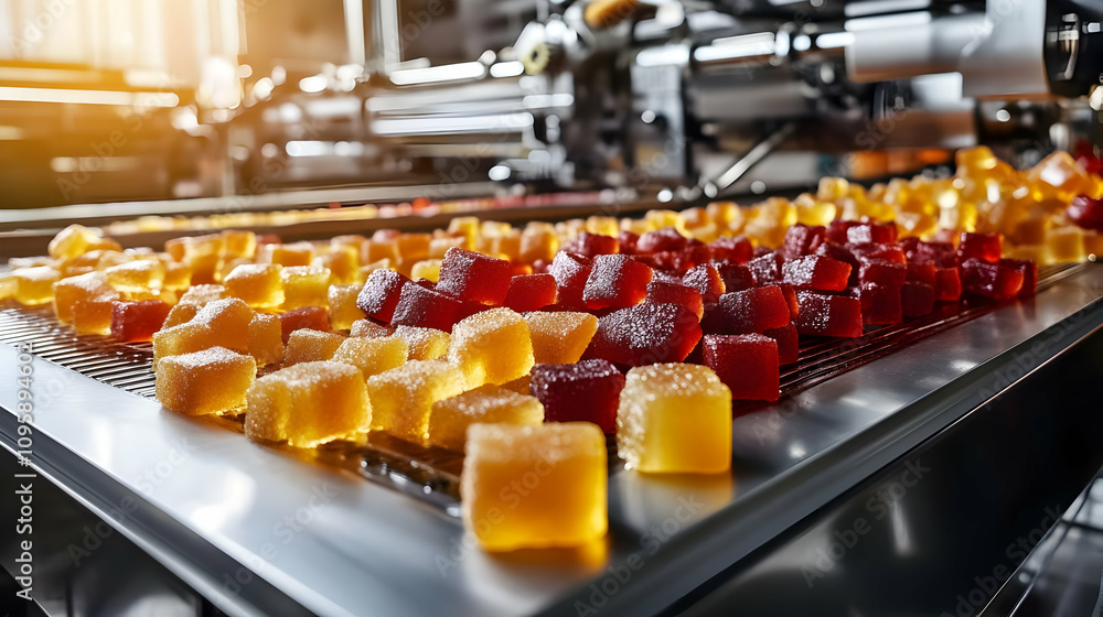 Closeup of a Production Line Conveyor Belt with Jelly Cubes - Realistic Image Closeup of a Production Line Conveyor Belt with Jelly Cubes - Realistic Image