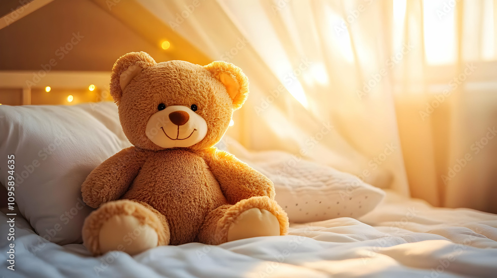 Teddy Bear Sitting On A Bed With Sunlight - Illustration Teddy Bear Sitting On A Bed With Sunlight - Illustration