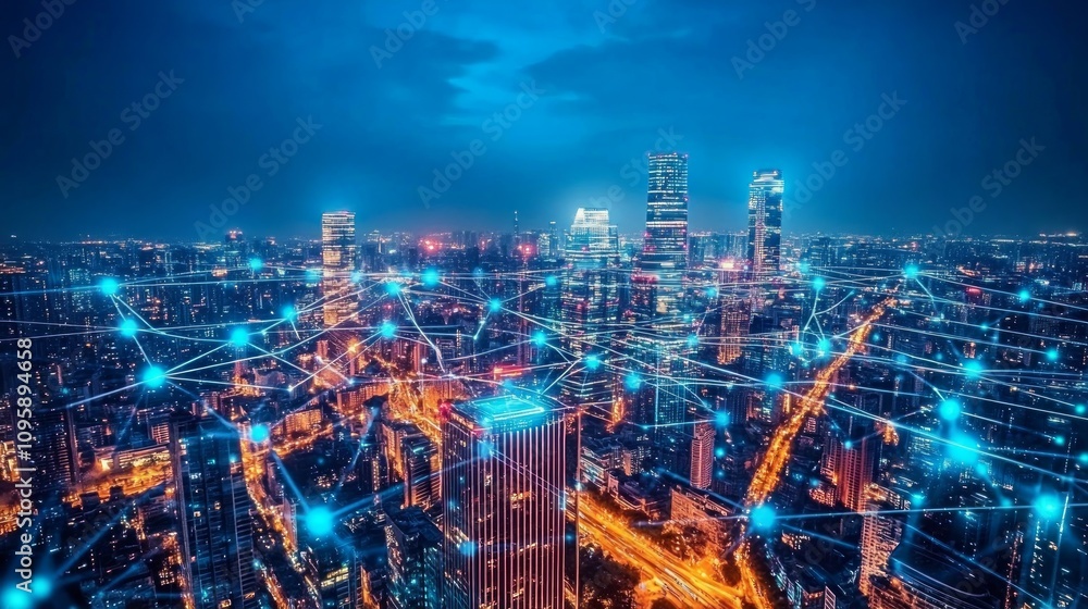 Fototapeta premium Night cityscape with glowing network connections illustrating digital connectivity and urban development.