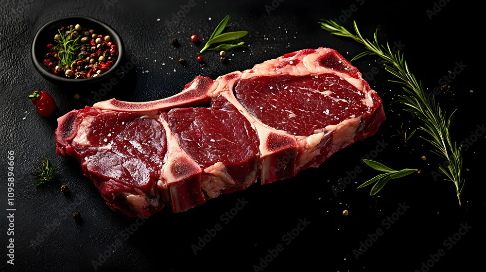 Raw Steak on a Black Background with Salt and Pepper - Realistic Image Raw Steak on a Black Background with Salt and Pepper - Realistic Image