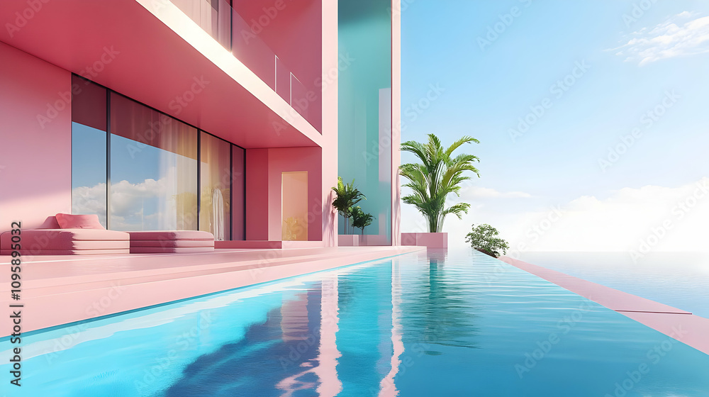 Fototapeta premium Pink Modern House with Pool - 3D Illustration