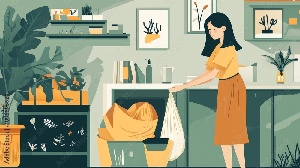 A woman tying up a garbage bag she has just removed from a trash can, preparing to take it out, with her cozy home environment surrounding her. A woman tying up a garbage bag she has just removed from a trash can, preparing to take it out, with her cozy home environment surrounding her.