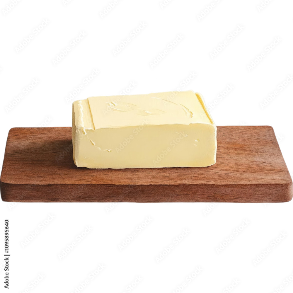 A block of butter sits on a wooden cutting board, showcasing its smooth texture and yellow hue. A block of butter sits on a wooden cutting board, showcasing its smooth texture and yellow hue.