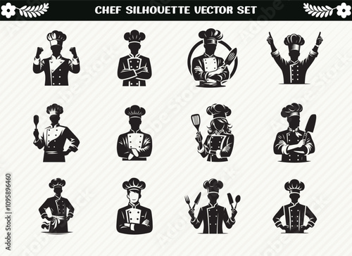 Chef Silhouette Set - Culinary Professionals in Action for Food, Kitchen, Cooking, and Restaurant-Themed Creative Projects