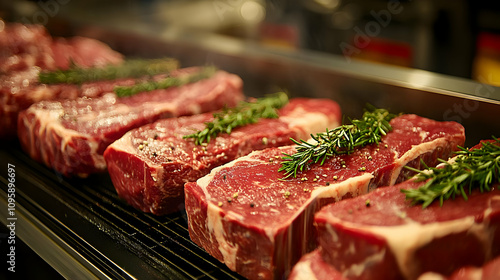 Closeup of Raw Steak with Rosemary and Peppercorns - Food Photography