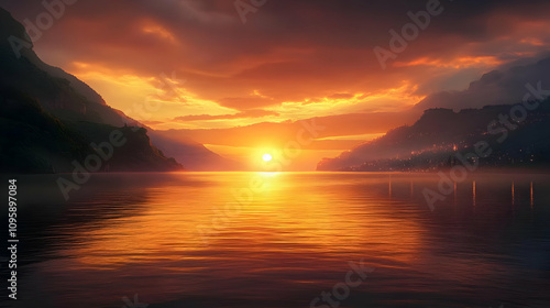 Sunset over a Cityscape with Mountains in the Background - Realistic Image