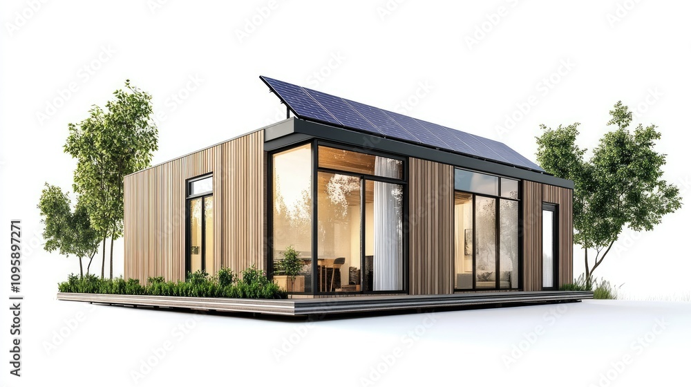 Modern Compact House with Solar Panels in 3D Illustration Modern Compact House with Solar Panels in 3D Illustration