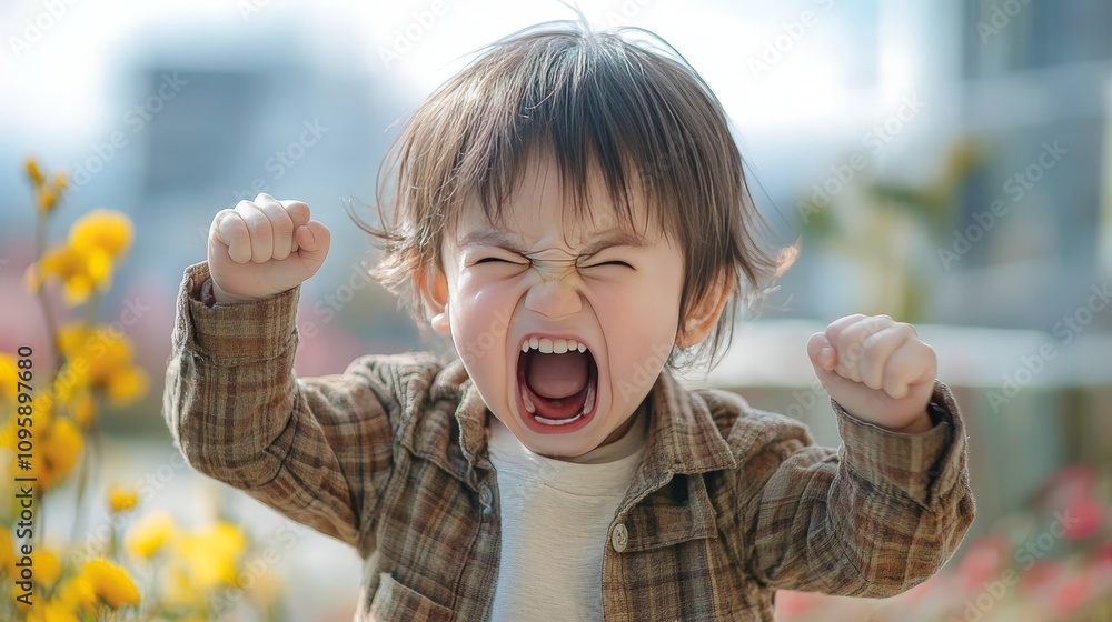 A young child screaming in frustration, with a look of fury as they kick at the air. A young child screaming in frustration, with a look of fury as they kick at the air.