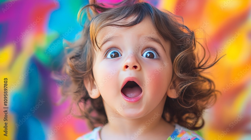 A young child with an open-mouthed look of surprise, their eyes wide and eyebrows raised, with bright colorful surroundings. A young child with an open-mouthed look of surprise, their eyes wide and eyebrows raised, with bright colorful surroundings.