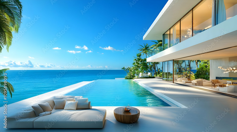 Fototapeta premium Modern Villa with Infinity Pool and Ocean View - 3D Illustration