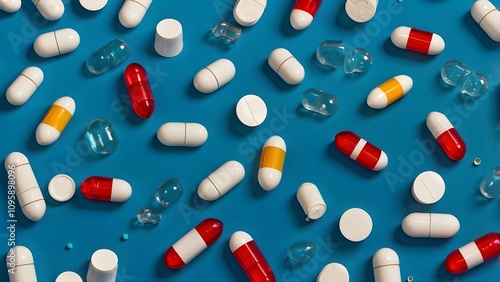  A blue background with falling antibiotic pill capsules, healthcare, and medicine