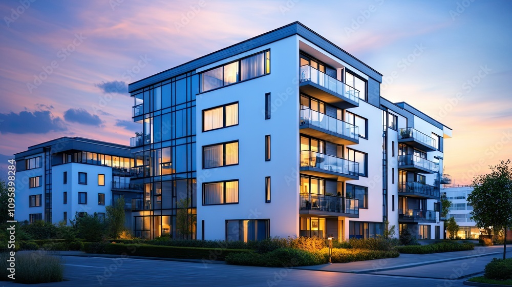 Obraz premium Modern Stylish Apartment Building at Dusk