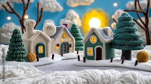 Charming Crochet Winter Village Scene Handmade Houses Trees Snow
