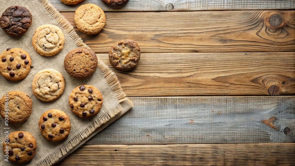 A delightful assortment of freshly baked cookies rests on a rustic wooden surface, inviting a sweet treat. A delightful assortment of freshly baked cookies rests on a rustic wooden surface, inviting a sweet treat.