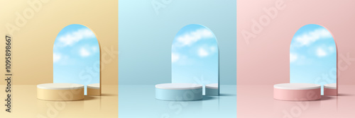 Set of 3D pink, yellow, blue and white cylinder podium background, blue sky in arch mirror glass. Minimal wall scene mockup product stage showcase, promotion display. Abstract vector geometric forms.