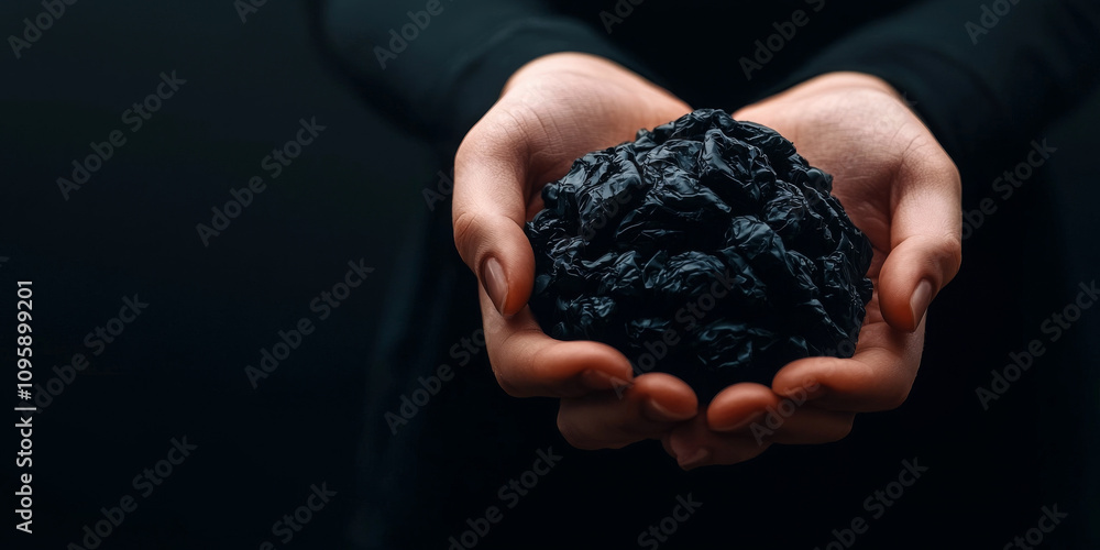 person holding textured black object in dark surroundings person holding textured black object in dark surroundings
