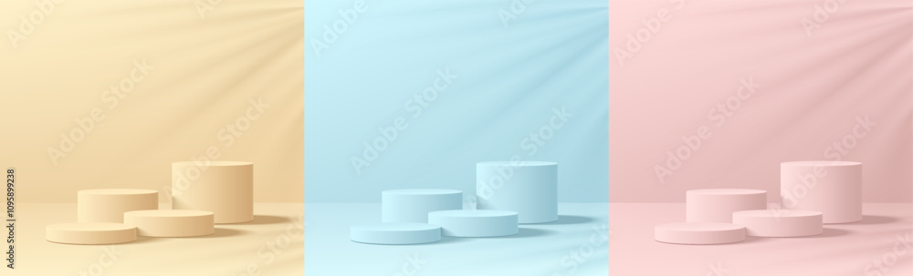 Set of realistic 3D pink, yellow, blue cylindrical podium background with leaf shadow scene. Minimalist mockup pedestal, Abstract product display presentation, Stage showcase. Platforms vector design. Set of realistic 3D pink, yellow, blue cylindrical podium background with leaf shadow scene. Minimalist mockup pedestal, Abstract product display presentation, Stage showcase. Platforms vector design.