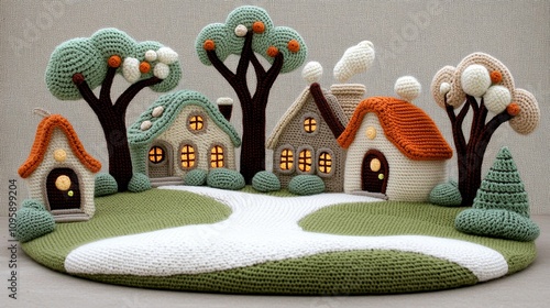 Charming Crochet Village Scene Houses Trees Pathway Crafts Handmade