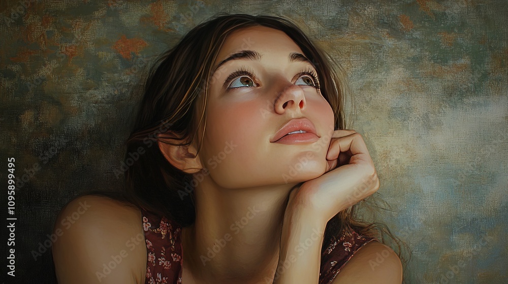 A young woman with a thoughtful expression, her chin resting in her hand, her eyes gazing upwards in deep concentration. A young woman with a thoughtful expression, her chin resting in her hand, her eyes gazing upwards in deep concentration.
