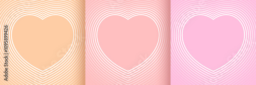 Set of line heart shaped background in pastel pink, soft red and light orange color. Valentines card element. Stripe romantic pattern. Trendy vector illustration in style retro 60s, 70s design.