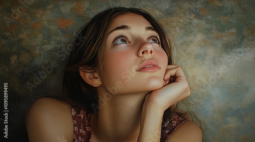 A young woman with a thoughtful expression, her chin resting in her hand, her eyes gazing upwards in deep concentration.