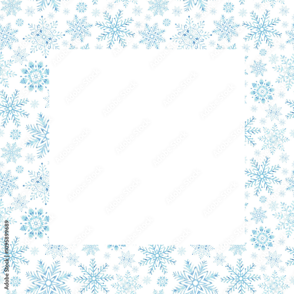 Blue snowflakes. Template postcard with copy space. Ice stars for Christmas or New Year's design. Hand drawn watercolor illustration isolated. Winter holiday frame for card, website, wrapping, sale. Blue snowflakes. Template postcard with copy space. Ice stars for Christmas or New Year's design. Hand drawn watercolor illustration isolated. Winter holiday frame for card, website, wrapping, sale.