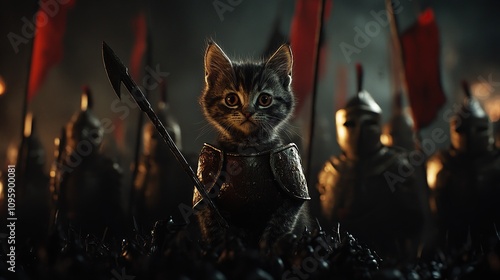 A cute kitten in knight armor stands with a spear and looks directly at the camera with a serious expression while leading an army of knights into battle. photo