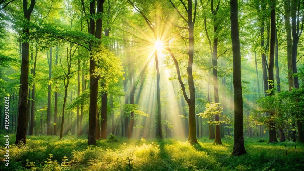 Obraz premium Sunbeams Illuminate a Verdant Forest Landscape with Lush Green Undergrowth