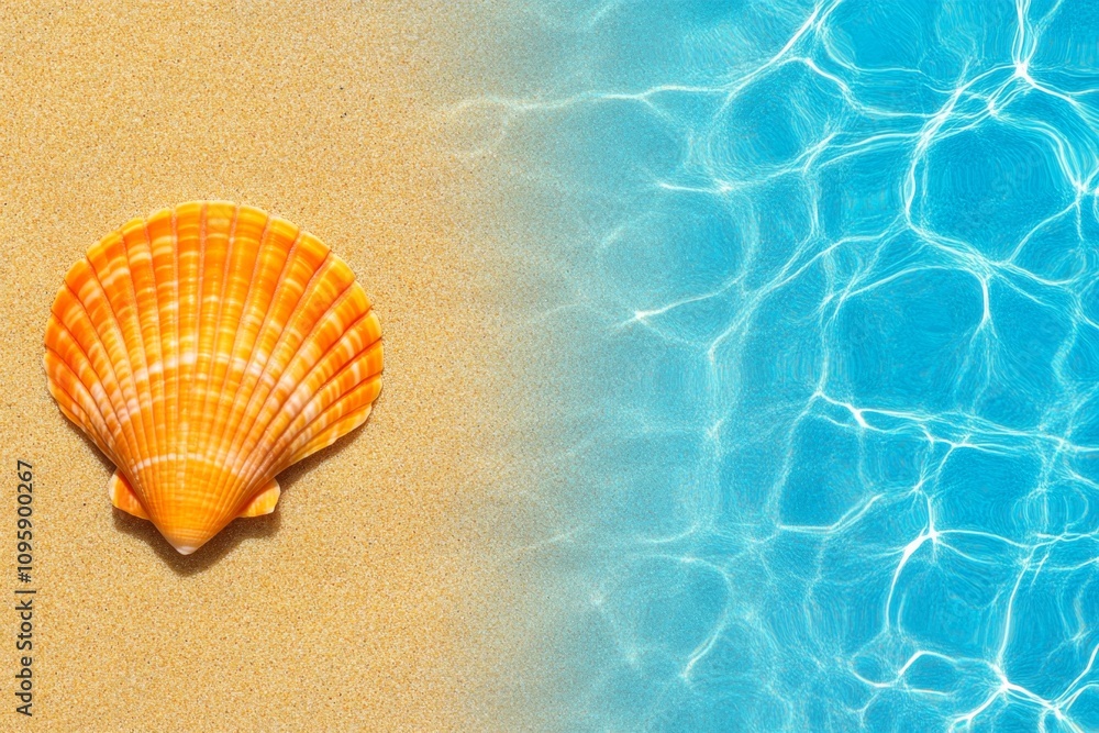 Aqua seashell resting on wet sand, with ripples of water and sunlight highlighting its texture Aqua seashell resting on wet sand, with ripples of water and sunlight highlighting its texture