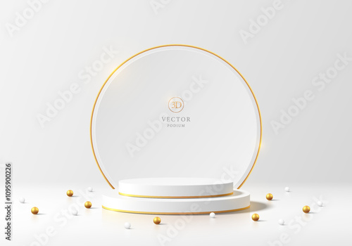 Realistic white 3D cylindrical podium background with round backdrop and golden ball Minimalist mockup pedestal, Abstract luxury product display presentation, Stage showcase. Platforms vector design.