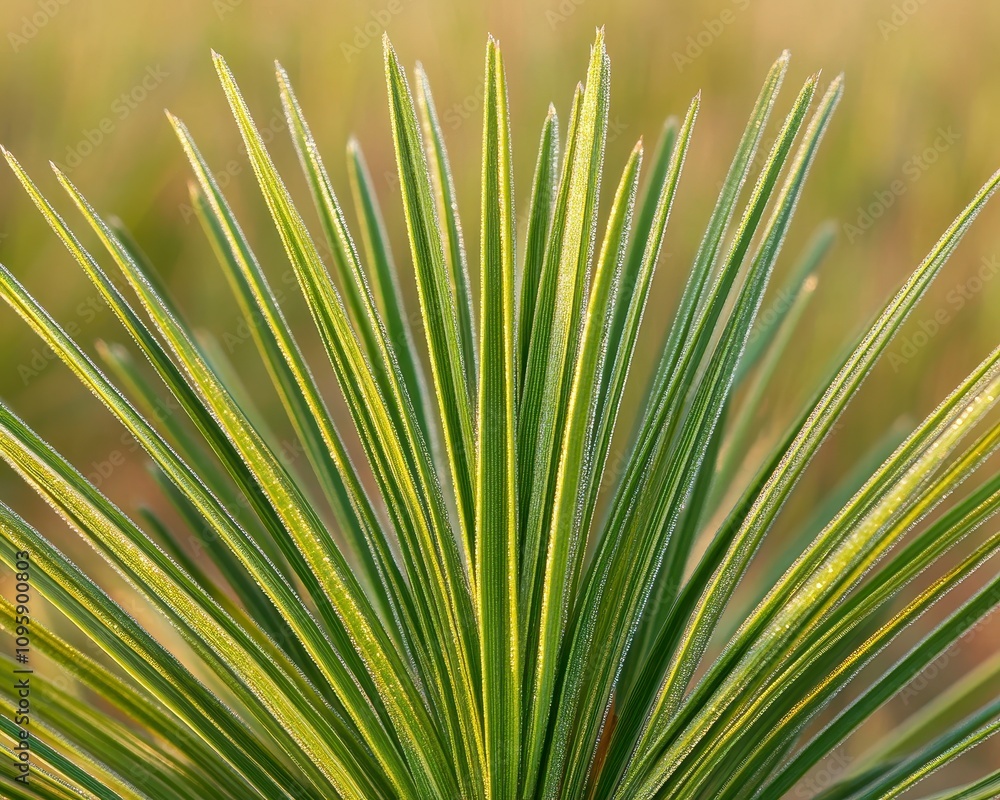 Close-up of vibrant green plant leaves with dew drops, radiating outwards from center. Close-up of vibrant green plant leaves with dew drops, radiating outwards from center.