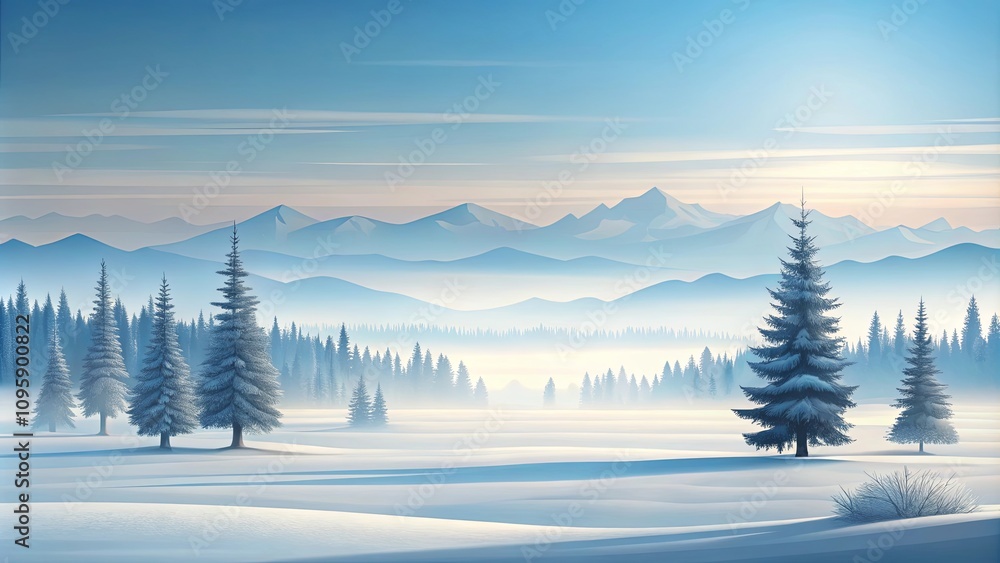 Obraz premium Serene Winter Landscape Snow-Covered Pines and Misty Mountains at Dawn