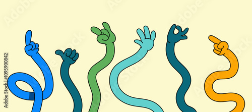 Comic flexible hands. Long color arms, curved limbs holding different elements, various finger gestures, signs and symbols. Thumb finger up and ok. Tidy vector cartoon flat isolated set
