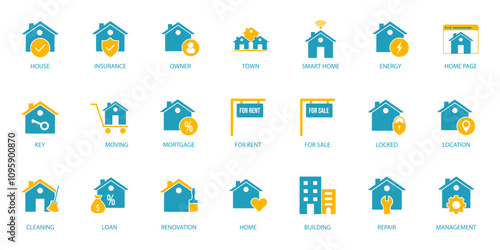 Home icon set. Containing house, property, loan, town, landlord, insurance, location, mortgage, for sale and more. Solid vector icons collection.