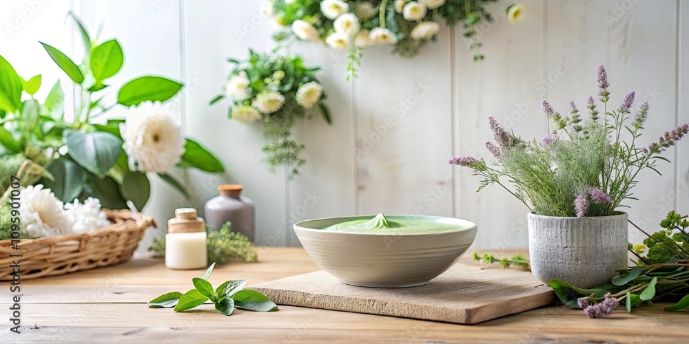 Serene spa setting with green wellness bowl, delicate flowers, and aromatic herbs on rustic wood Serene spa setting with green wellness bowl, delicate flowers, and aromatic herbs on rustic wood