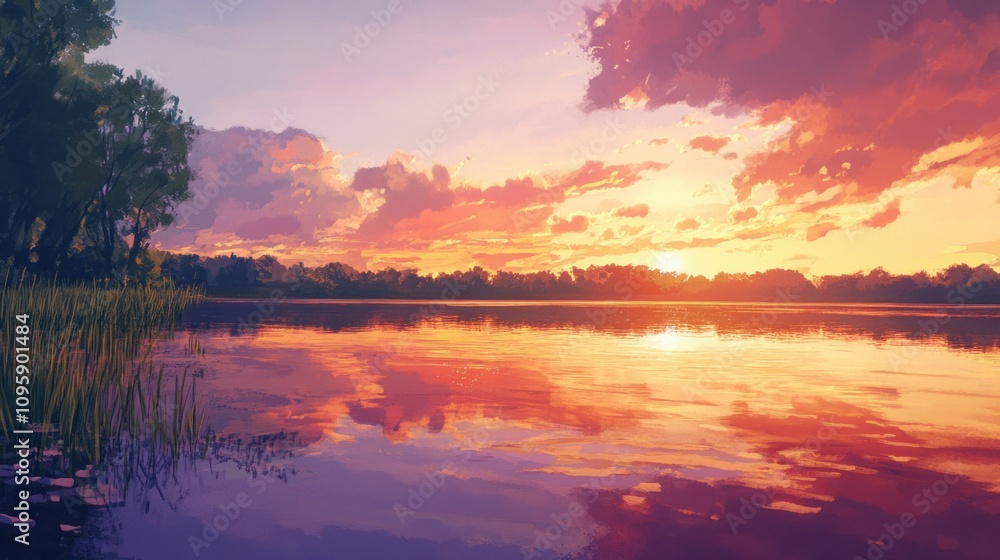 Obraz premium Sunset sky over a tranquil lake, with warm colors reflecting on the water surface