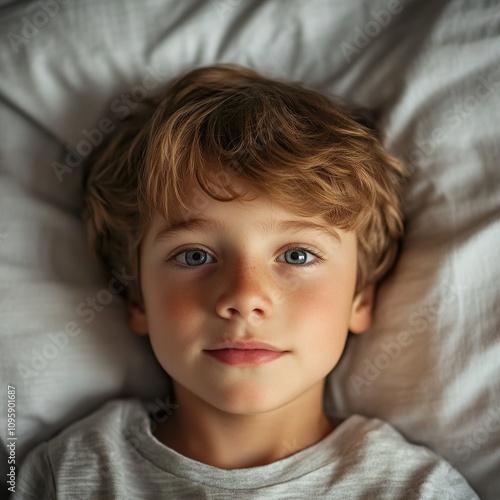 A young boy with blond hair and blue eyes lies in bed, looking directly at the camera.