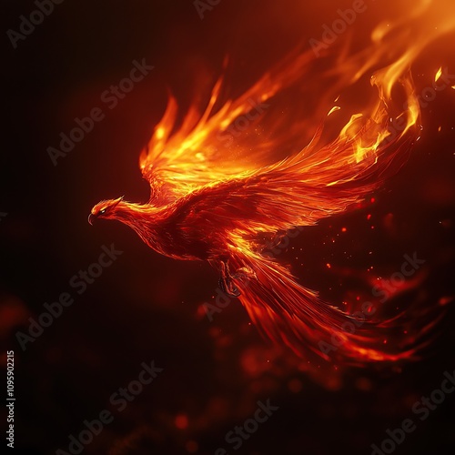 A fiery phoenix bird in flight, its wings ablaze with orange and red flames against a dark background. photo