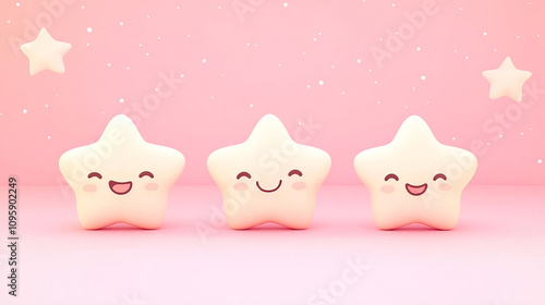 Cute smiling star plush toys on a light pink background with small stars, creating a whimsical atmosphere perfect for children's decor