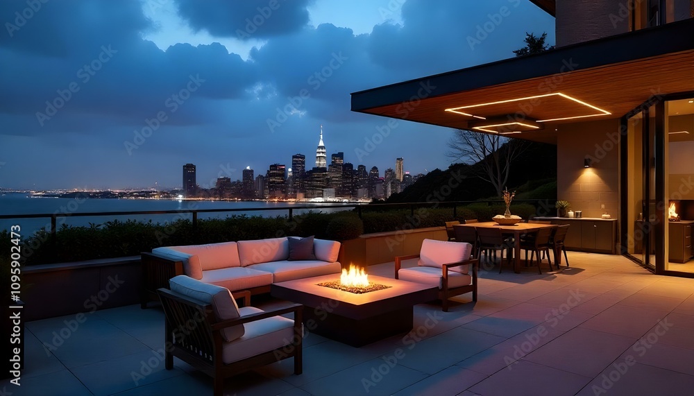 Fototapeta premium A modern outdoor patio with a cozy seating area, a fire pit, and a stunning night view of the city skyline