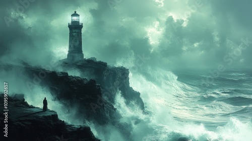 Solitary Figure by a Lighthouse During a Tempestuous Storm