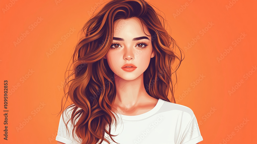 Young woman with wavy hair and natural makeup poses against a vibrant orange background during a creative art session Young woman with wavy hair and natural makeup poses against a vibrant orange background during a creative art session