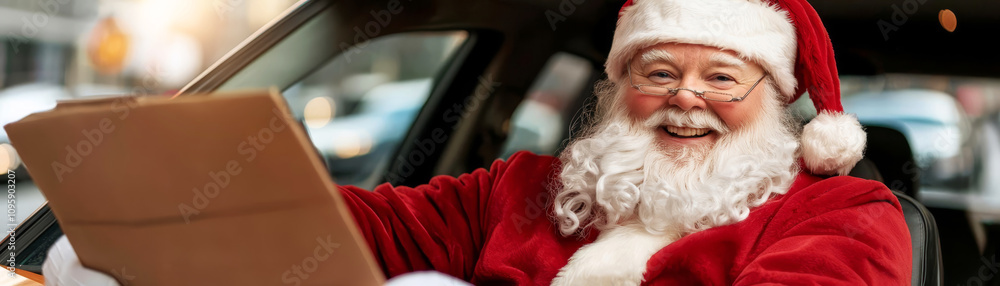 Smiling Santa Claus driving taxi car in the city Smiling Santa Claus driving taxi car in the city