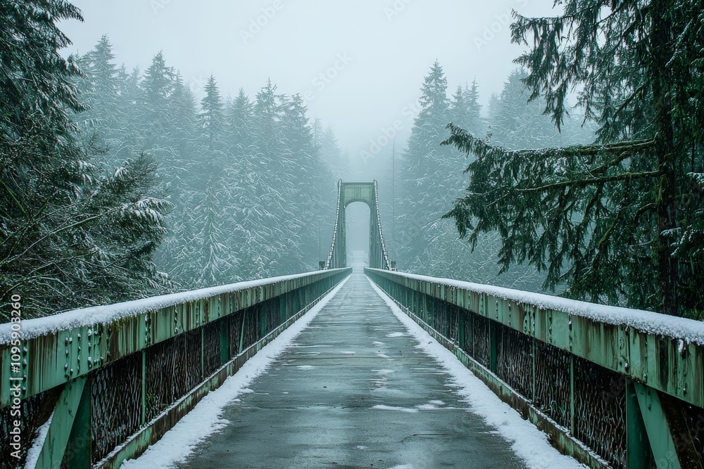 Obraz premium a long bridge with snow-covered railings surrounded by a winter landscape