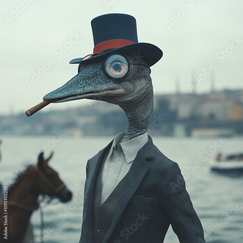 A fish in a top hat and suit, looking sophisticated, with a cigar in its mouth, standing by a harbor with a horse in the background. photo